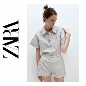NWOT Zara Lapel Collar Denim Short Jumpsuit Romper in Dusty Blue Shimmer, Small